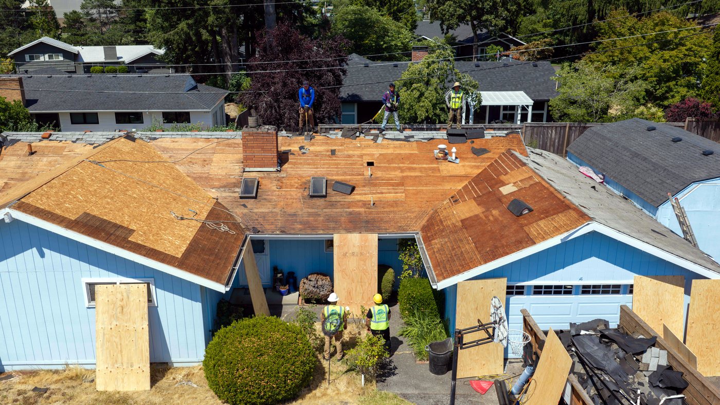 Aerial view of a Liberty roof tear-off and replacement in the Portland area